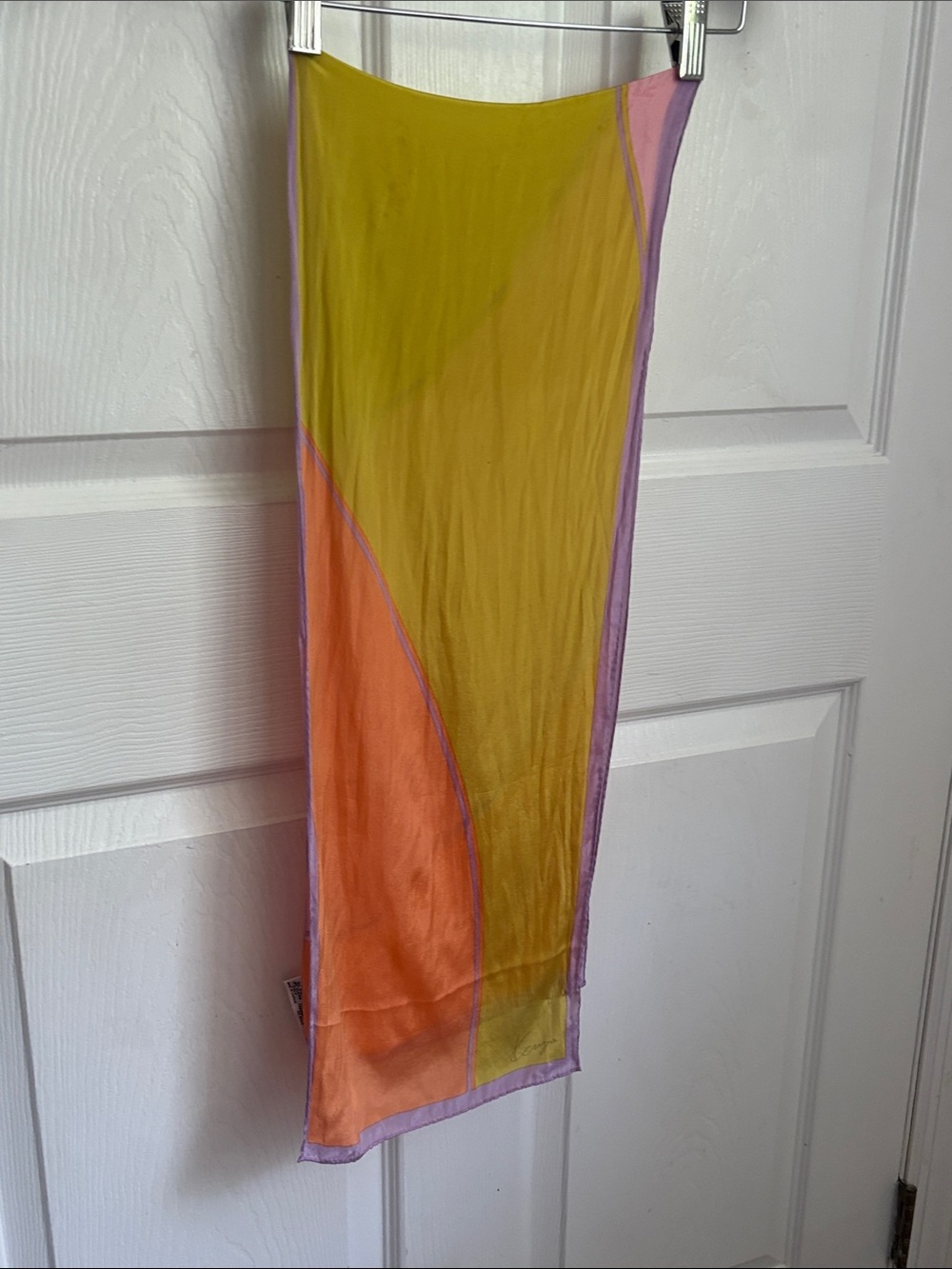 KENZO All Silk Colorblock Scarf in Yellow, Orange & Lavenderl ascot head wrap